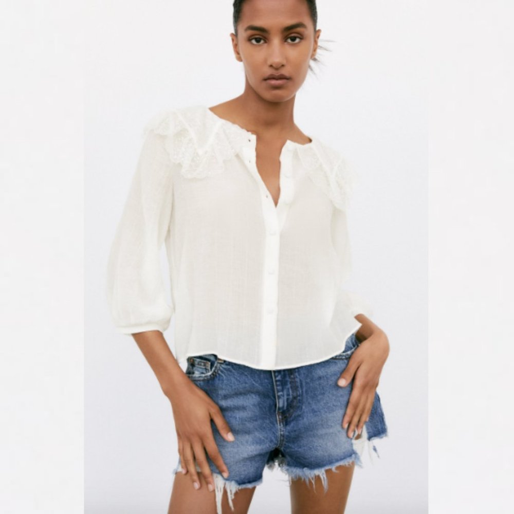 Zara Combination Lace Shirt Ecru Sz XS NWT - Picture 2 of 7
